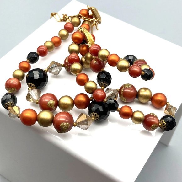 Shimmering Orange Moonglow Necklace with Golden and Black Glass Beads, Elegant - Picture 2 of 4